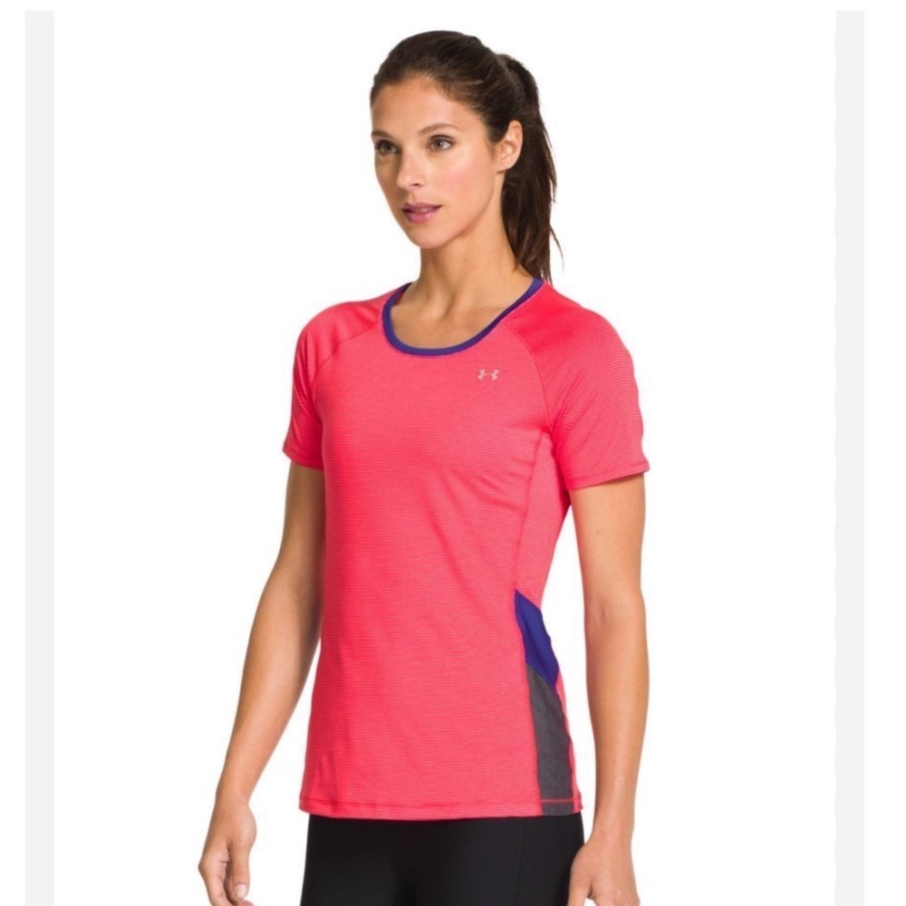 Under‎ Armour Sonic Fitted HeatGear Short Sleeve Training Top Pink Blue Sz Small